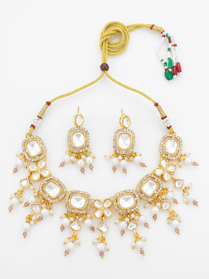 Aadita Gold-Plated Kundan Choker Necklace Set with Crystal Stones and Pearl Drops and Earrings