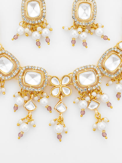 Aadita Gold-Plated Kundan Choker Necklace Set with Crystal Stones and Pearl Drops and Earrings