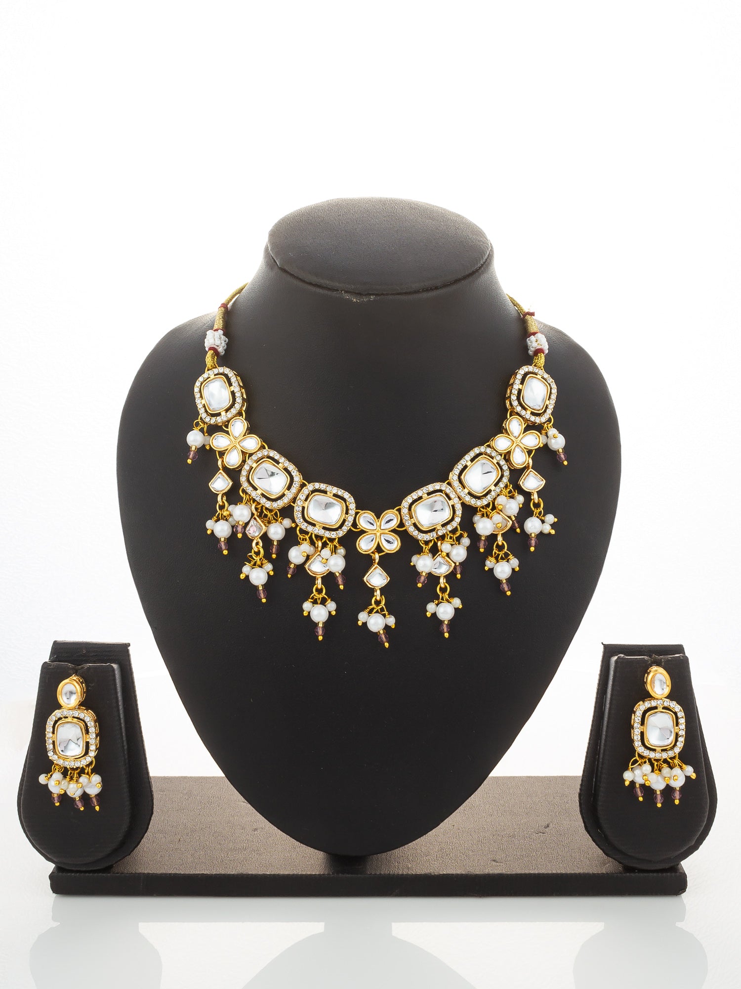 Aadita Gold-Plated Kundan Choker Necklace Set with Crystal Stones and Pearl Drops and Earrings