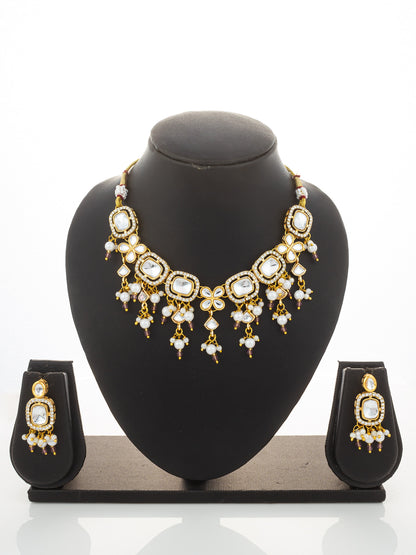 Aadita Gold-Plated Kundan Choker Necklace Set with Crystal Stones and Pearl Drops and Earrings