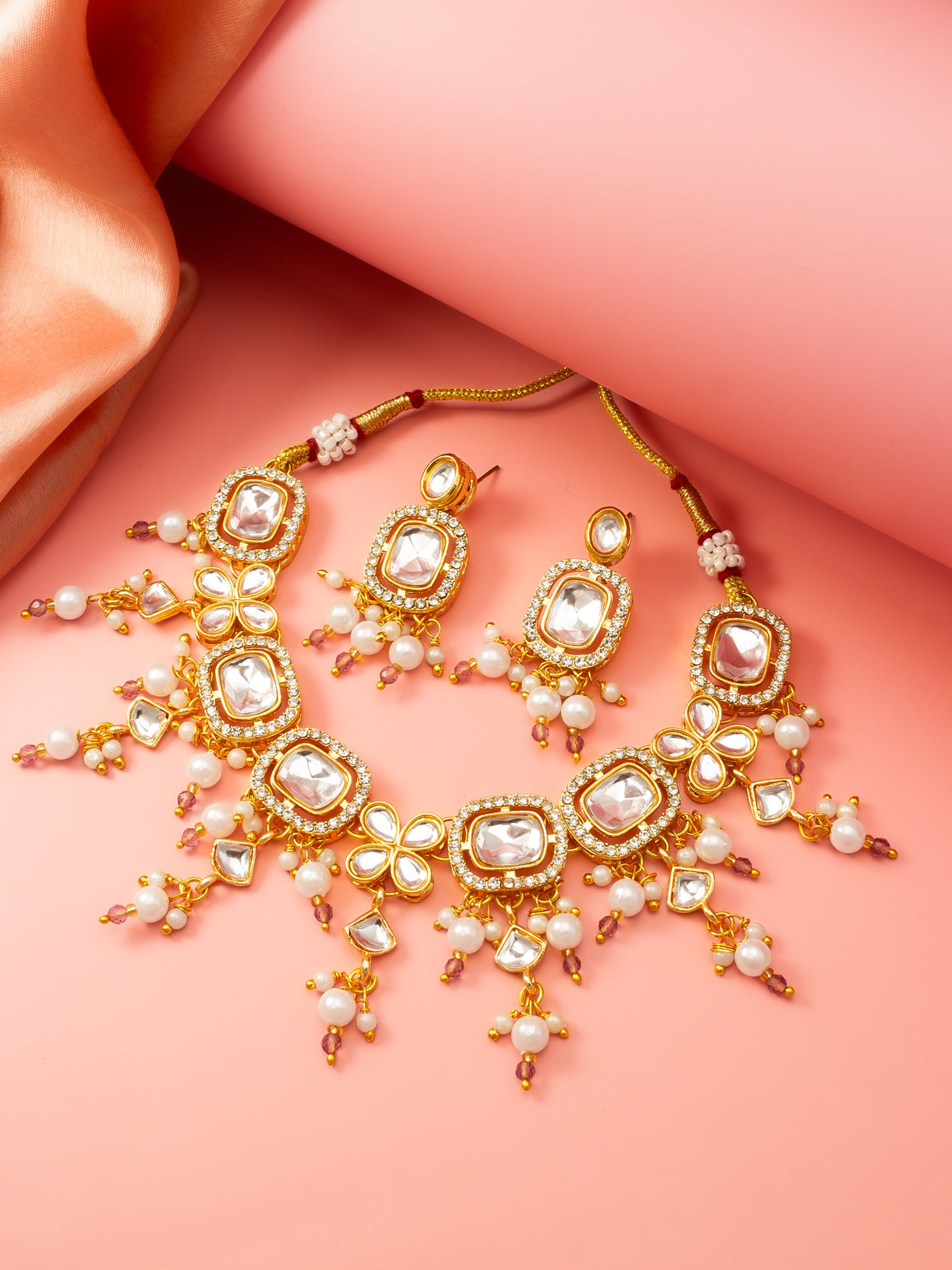 Aadita Gold-Plated Kundan Choker Necklace Set with Crystal Stones and Pearl Drops and Earrings