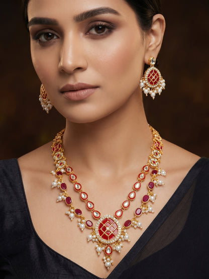Aadita Gold-Plated Double-Layer Kundan Necklace Set with Red Stones and Pearl Drops end Earrings
