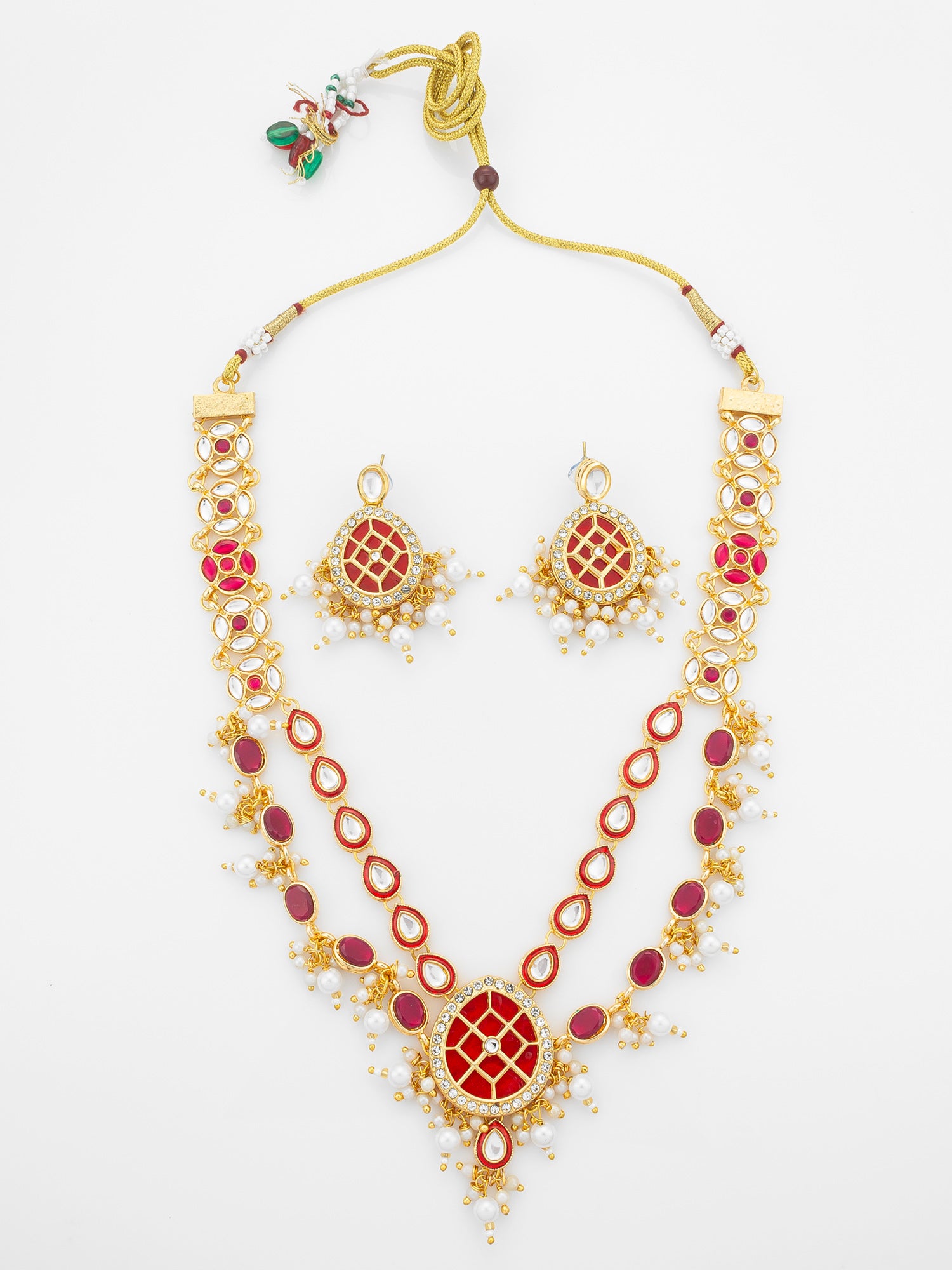 Aadita Gold-Plated Double-Layer Kundan Necklace Set with Red Stones and Pearl Drops end Earrings