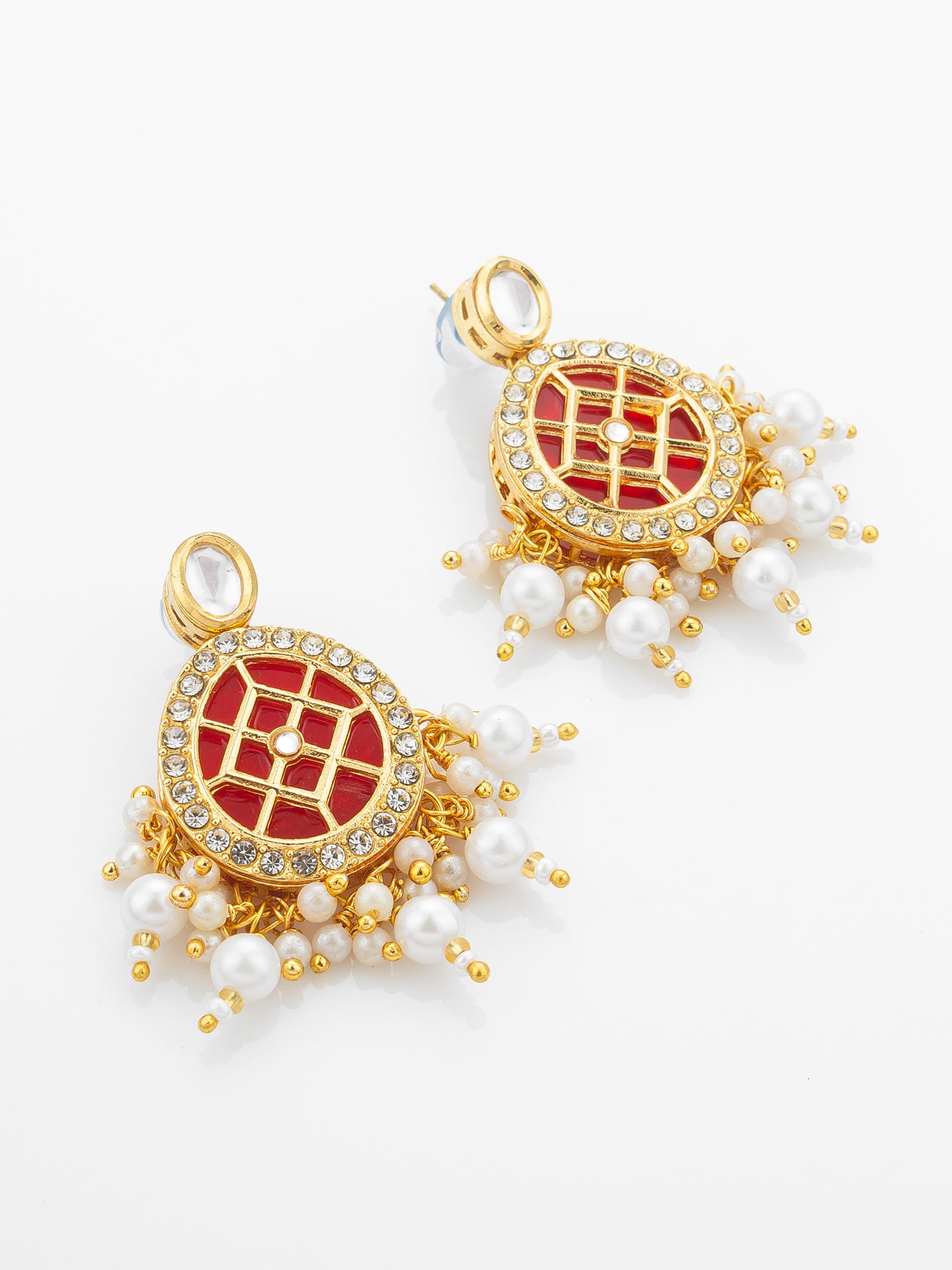 Aadita Gold-Plated Double-Layer Kundan Necklace Set with Red Stones and Pearl Drops end Earrings