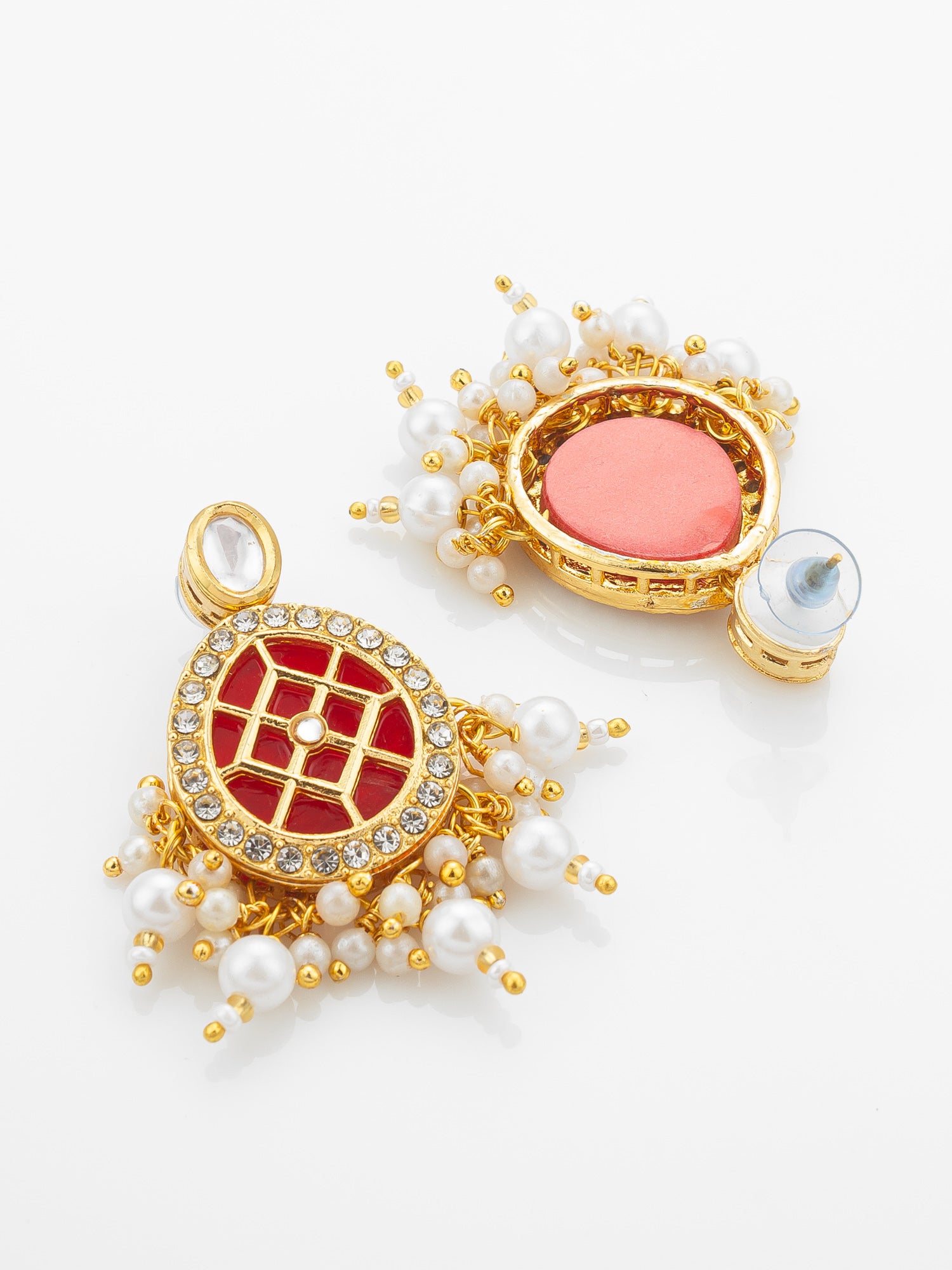 Aadita Gold-Plated Double-Layer Kundan Necklace Set with Red Stones and Pearl Drops end Earrings