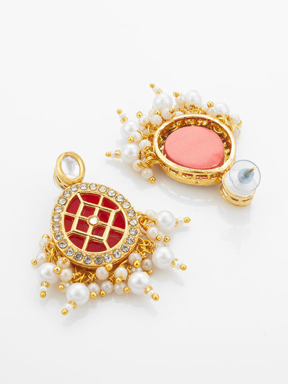 Aadita Gold-Plated Double-Layer Kundan Necklace Set with Red Stones and Pearl Drops end Earrings