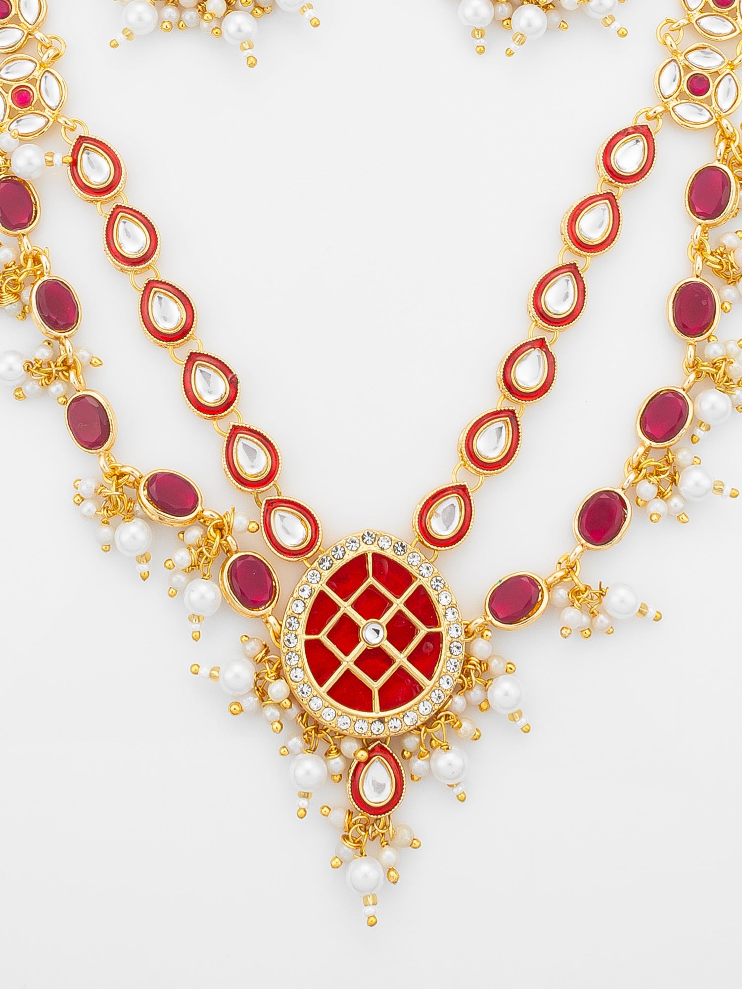 Aadita Gold-Plated Double-Layer Kundan Necklace Set with Red Stones and Pearl Drops end Earrings