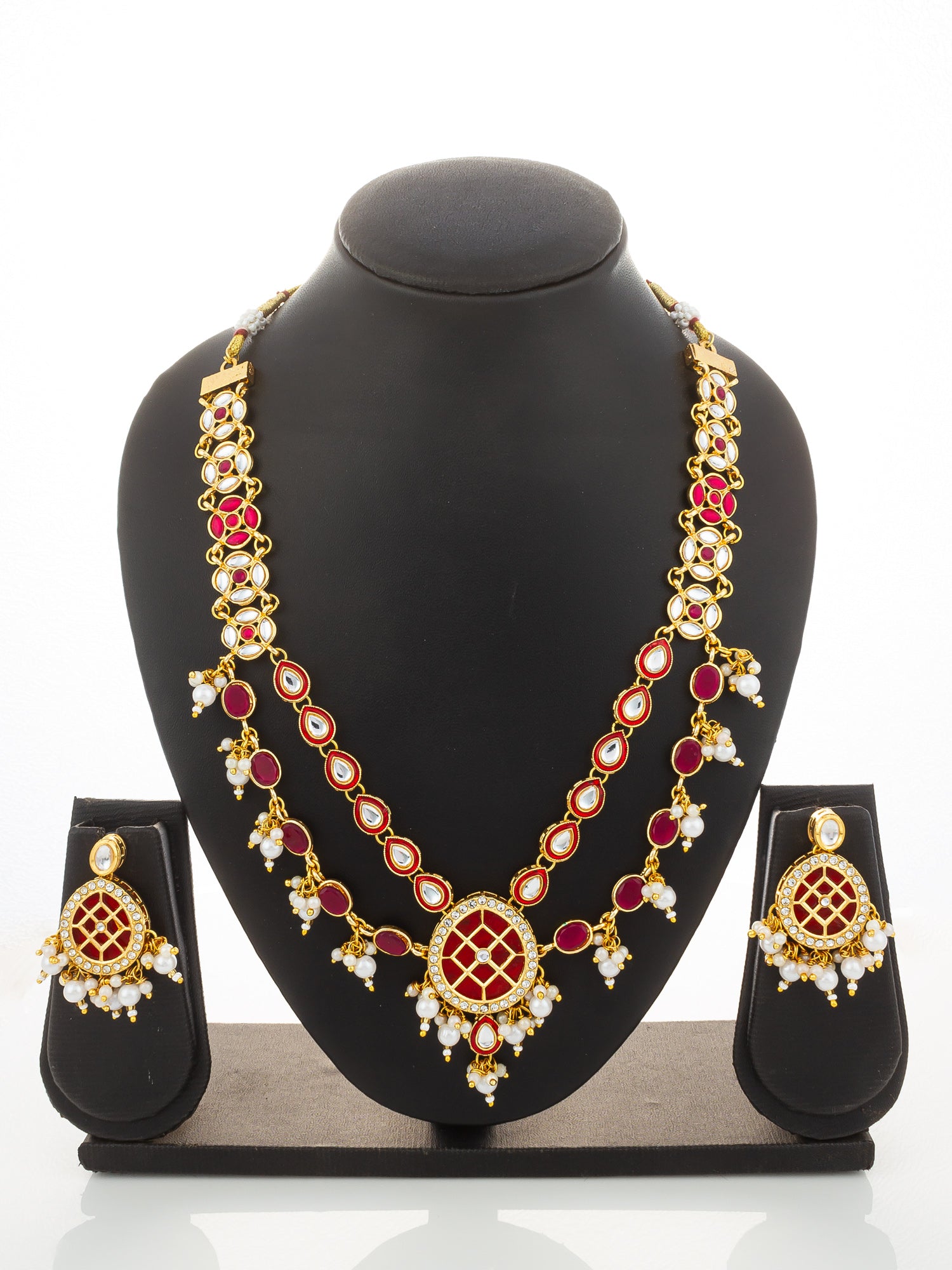 Aadita Gold-Plated Double-Layer Kundan Necklace Set with Red Stones and Pearl Drops end Earrings