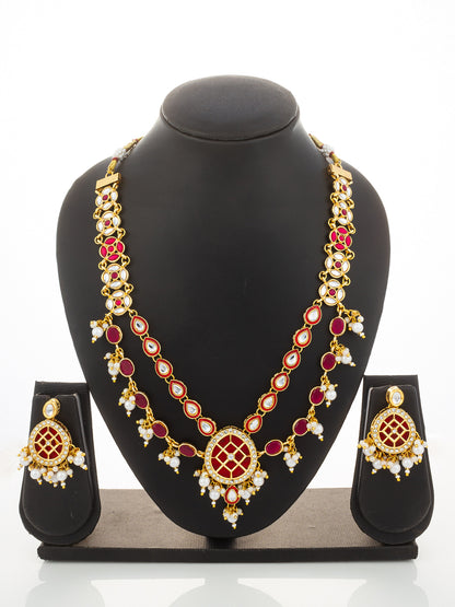 Aadita Gold-Plated Double-Layer Kundan Necklace Set with Red Stones and Pearl Drops end Earrings