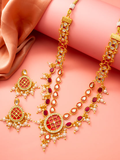Aadita Gold-Plated Double-Layer Kundan Necklace Set with Red Stones and Pearl Drops end Earrings