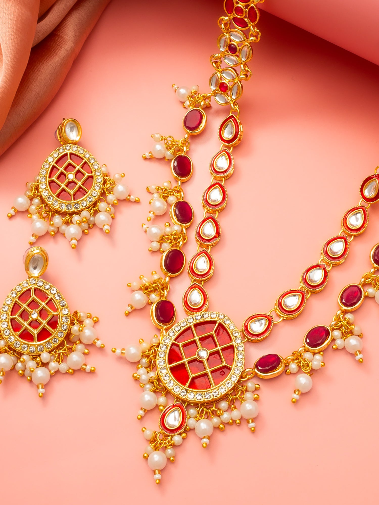 Aadita Gold-Plated Double-Layer Kundan Necklace Set with Red Stones and Pearl Drops end Earrings