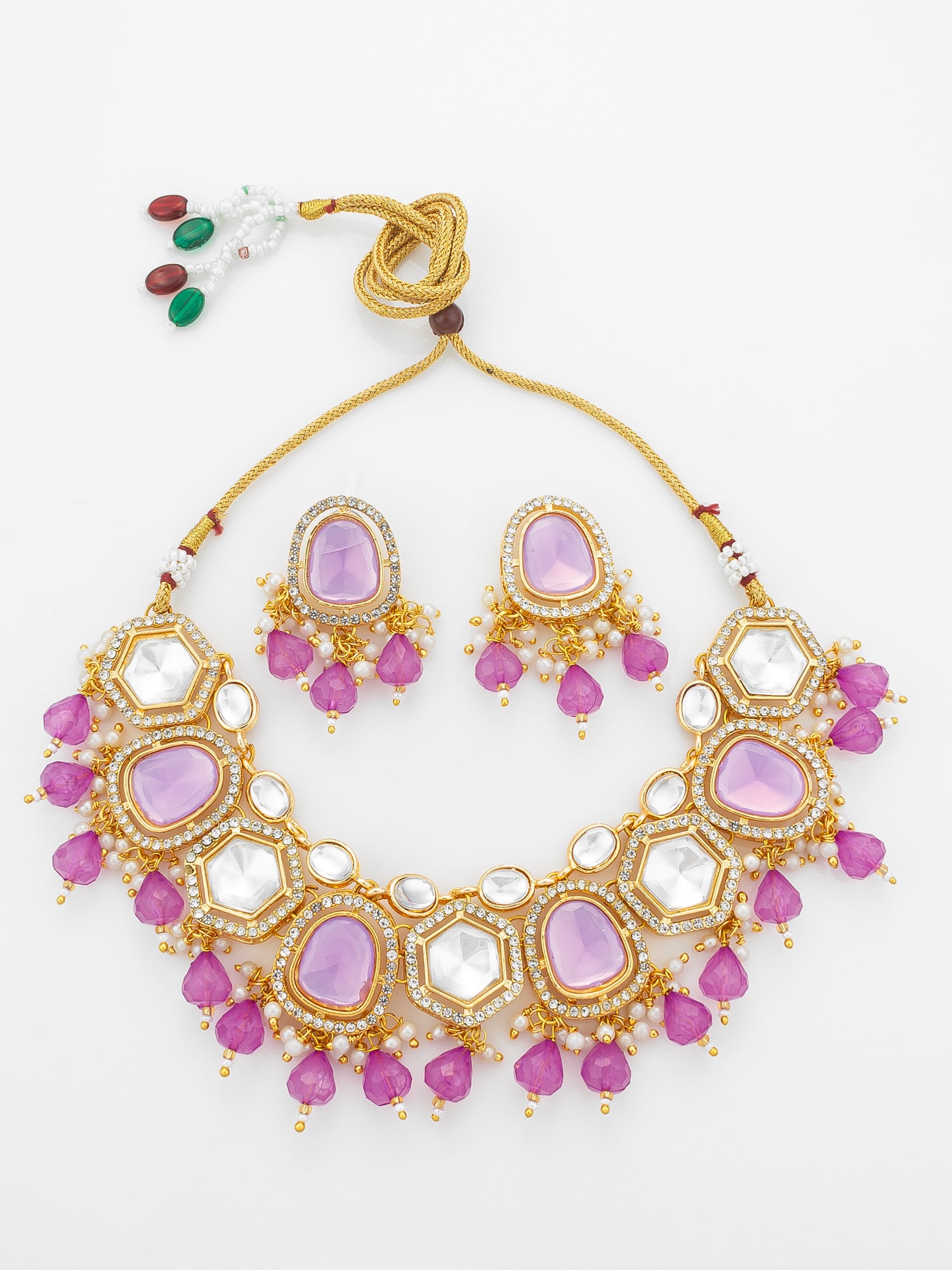 Aadita Gold Plated Necklace Set with Pink Stones and Pearl with Earrings