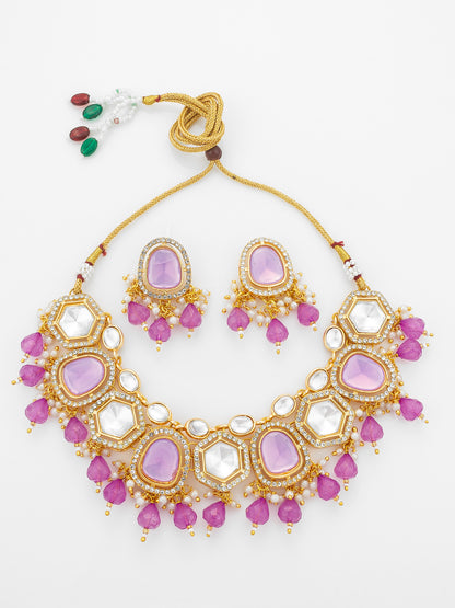 Aadita Gold Plated Necklace Set with Pink Stones and Pearl with Earrings