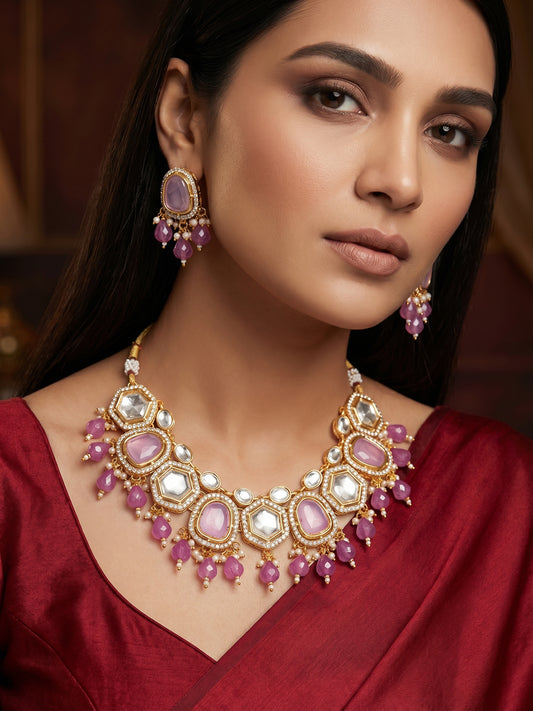 Aadita Gold Plated Necklace Set with Pink Stones and Pearl with Earrings