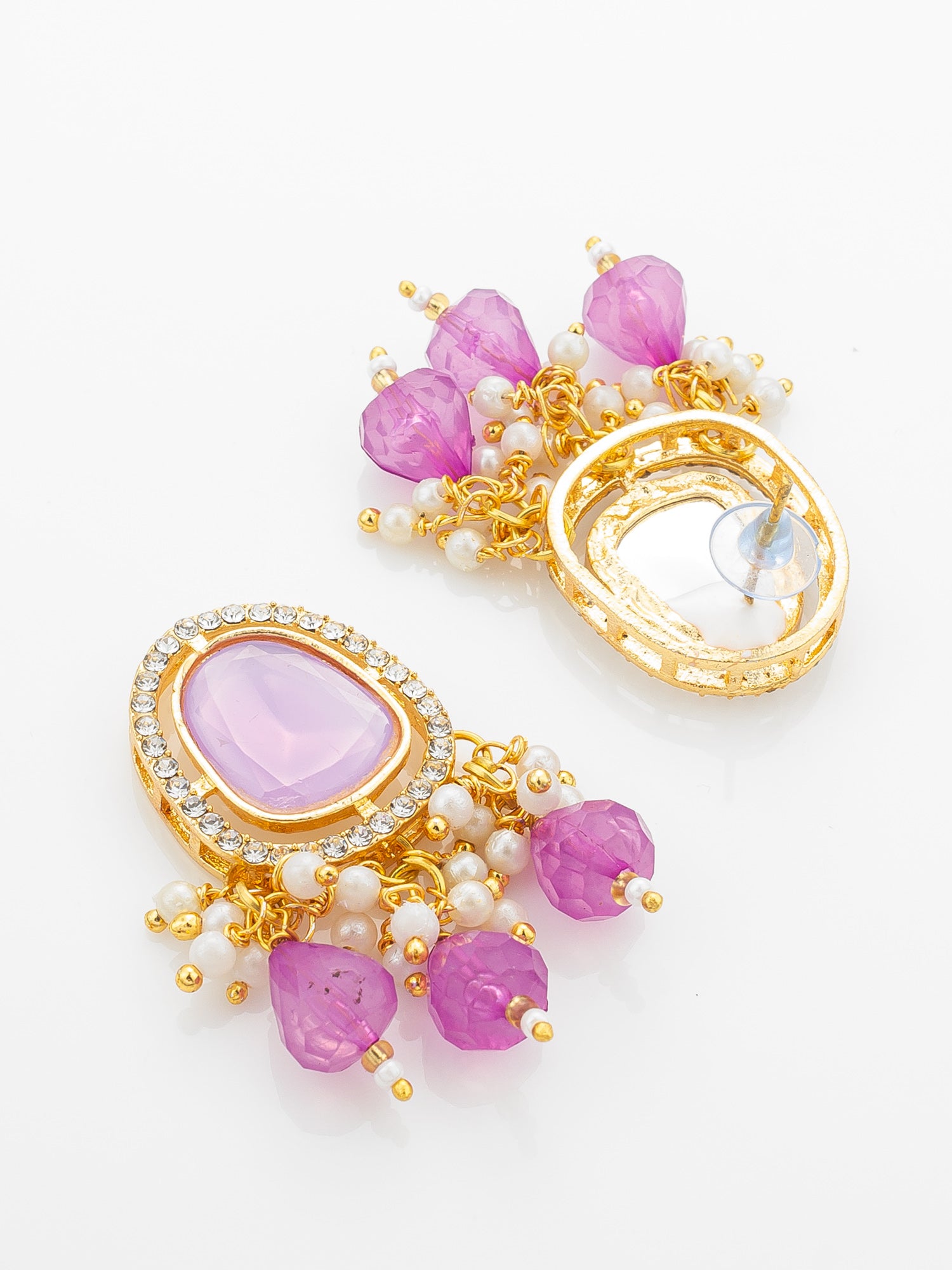 Aadita Gold Plated Necklace Set with Pink Stones and Pearl with Earrings