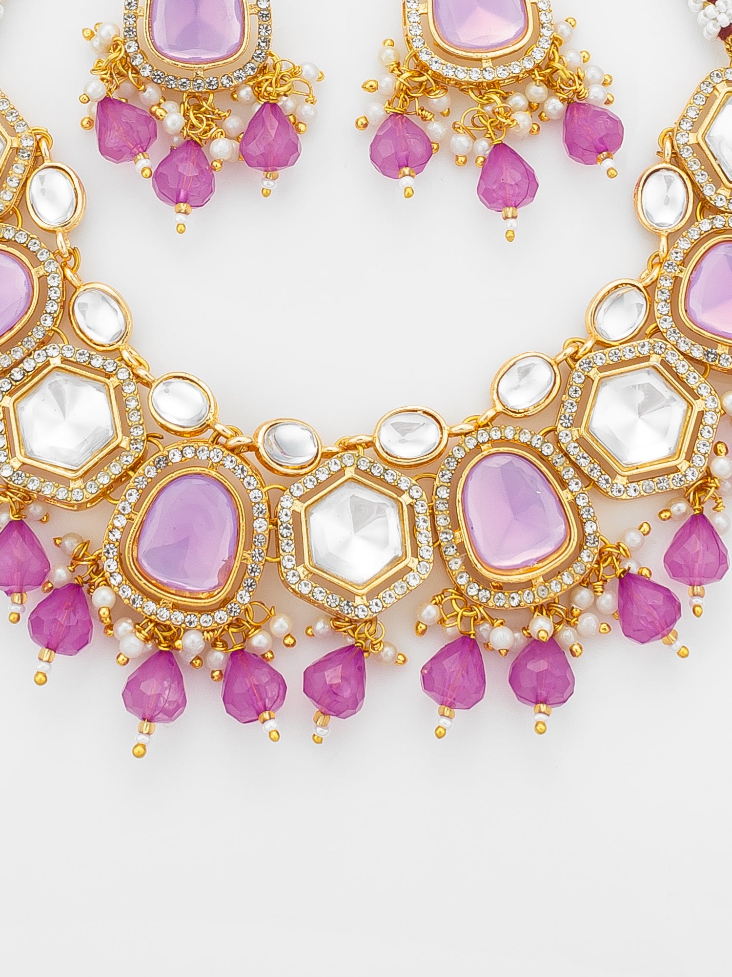 Aadita Gold Plated Necklace Set with Pink Stones and Pearl with Earrings