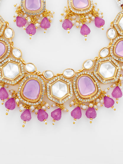 Aadita Gold Plated Necklace Set with Pink Stones and Pearl with Earrings