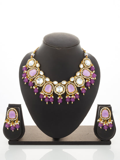 Aadita Gold Plated Necklace Set with Pink Stones and Pearl with Earrings