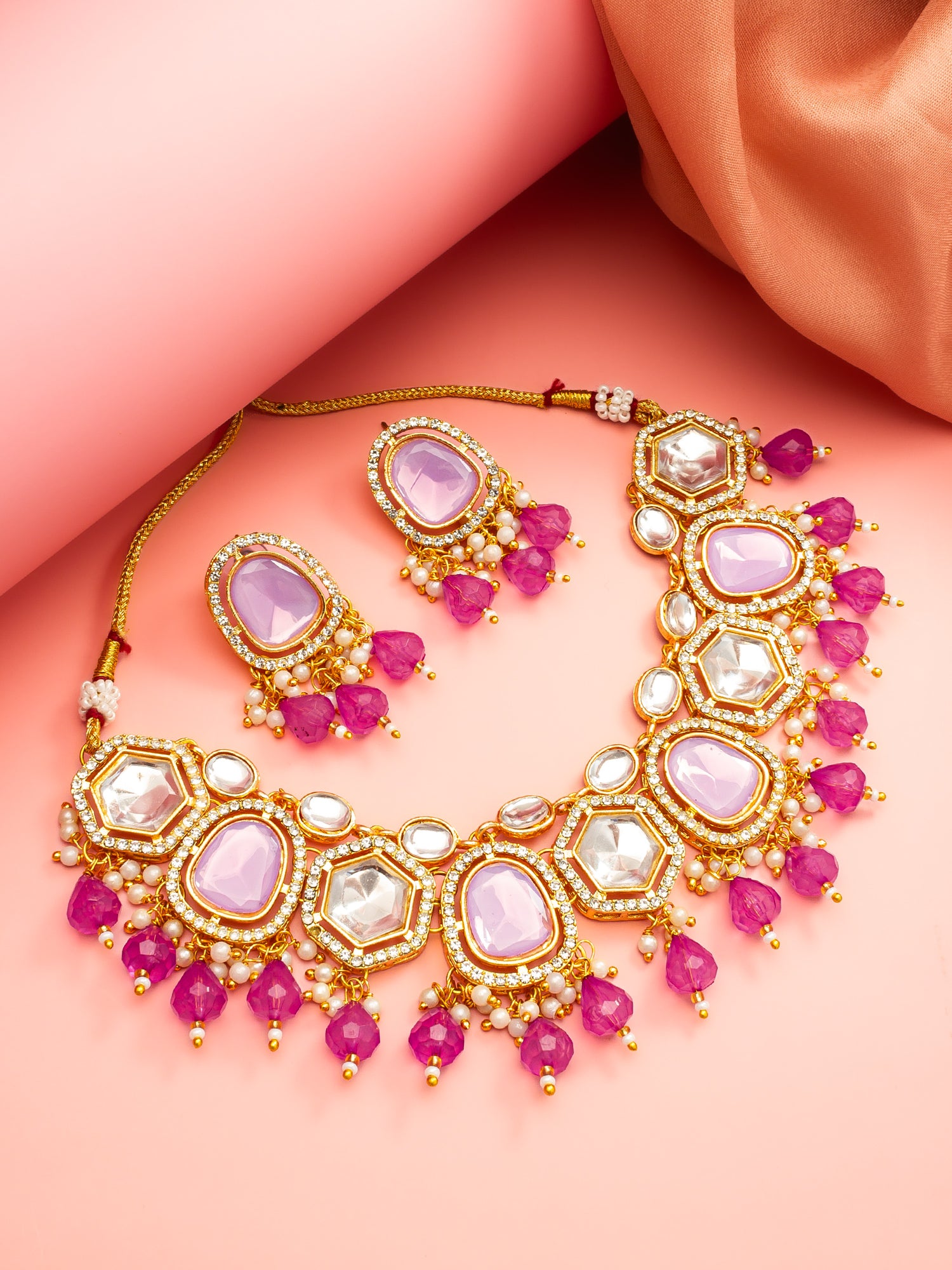 Aadita Gold Plated Necklace Set with Pink Stones and Pearl with Earrings