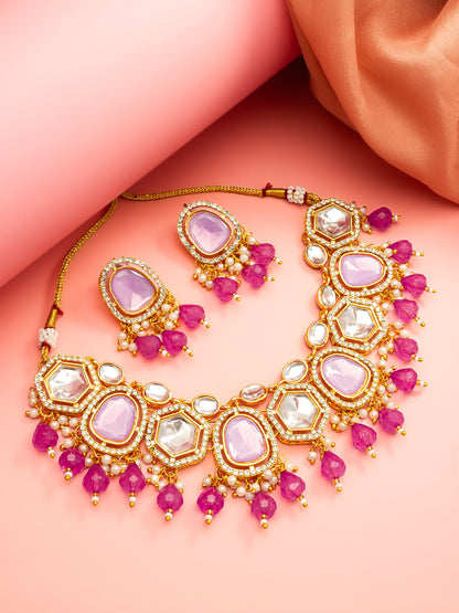 Aadita Gold Plated Necklace Set with Pink Stones and Pearl with Earrings