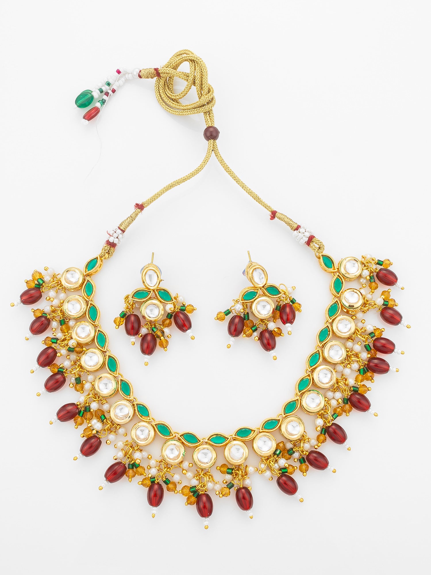 Aadita Gold Plated Kundan Necklace Set with Green Meenakari, Red Beads and Crystal Accents with Earrings