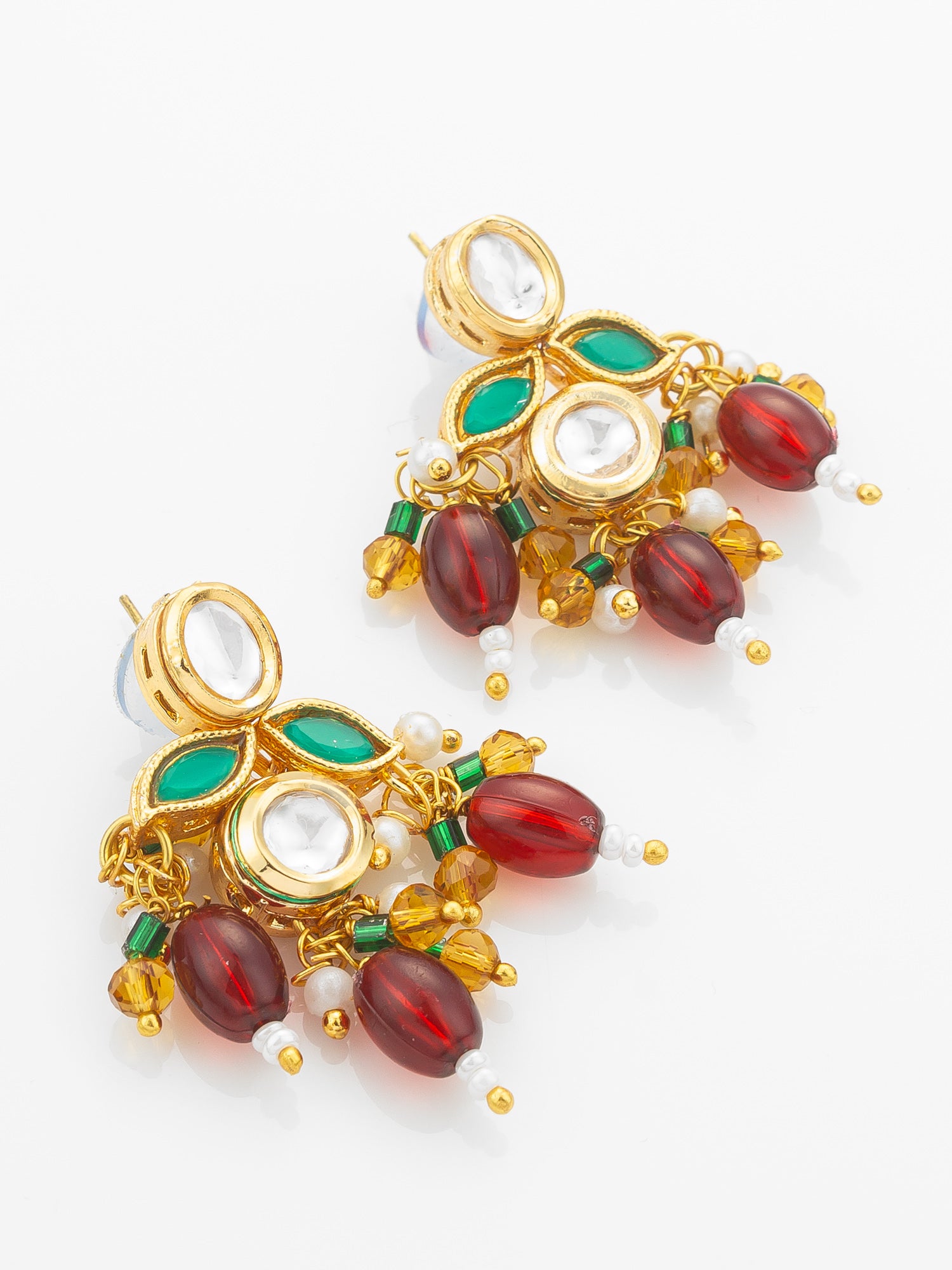 Aadita Gold Plated Kundan Necklace Set with Green Meenakari, Red Beads and Crystal Accents with Earrings