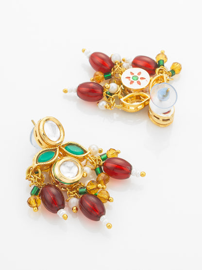 Aadita Gold Plated Kundan Necklace Set with Green Meenakari, Red Beads and Crystal Accents with Earrings