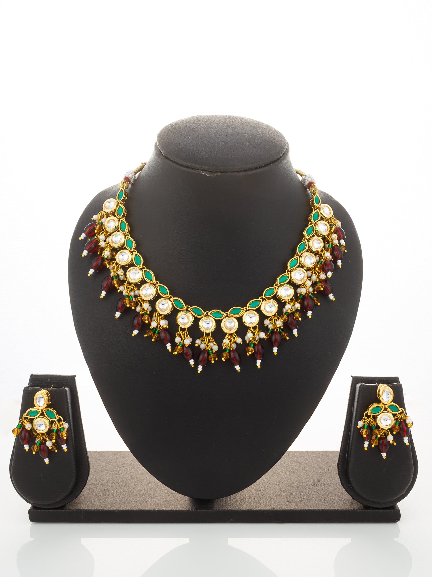 Aadita Gold Plated Kundan Necklace Set with Green Meenakari, Red Beads and Crystal Accents with Earrings