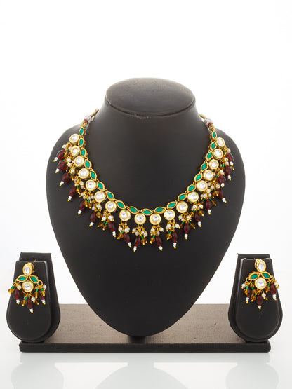 Aadita Gold Plated Kundan Necklace Set with Green Meenakari, Red Beads and Crystal Accents with Earrings