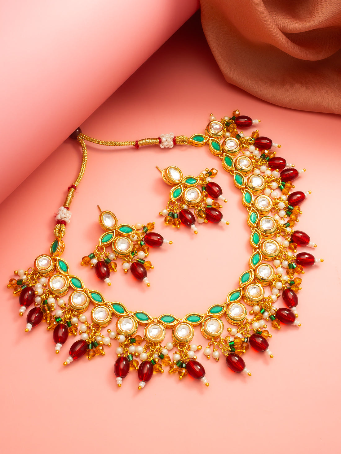 Gold Plated Kundan Necklace Set with Green Meenakari, Red Beads