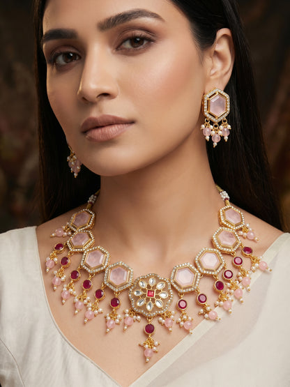 Aadita Gold Plated Necklace Set with Pink Stones end Earrings