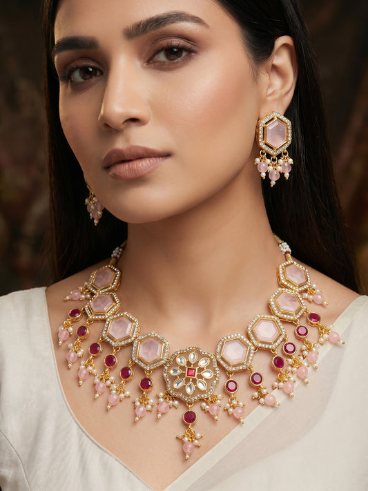Aadita Gold Plated Necklace Set with Pink Stones end Earrings