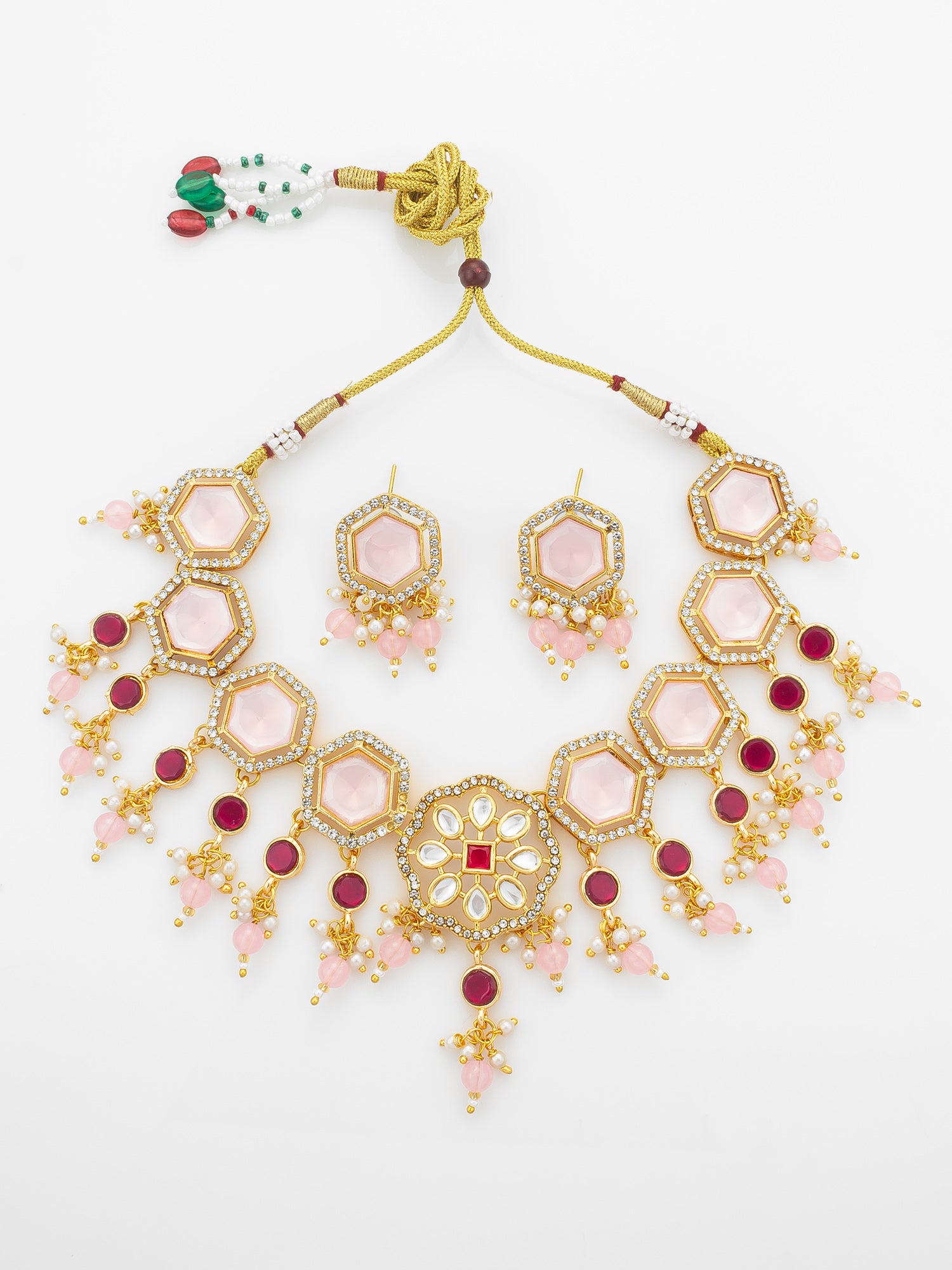 Aadita Gold Plated Necklace Set with Pink Stones end Earrings
