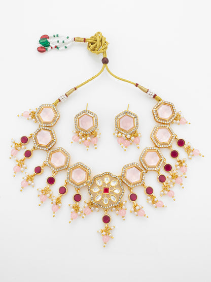 Aadita Gold Plated Necklace Set with Pink Stones end Earrings