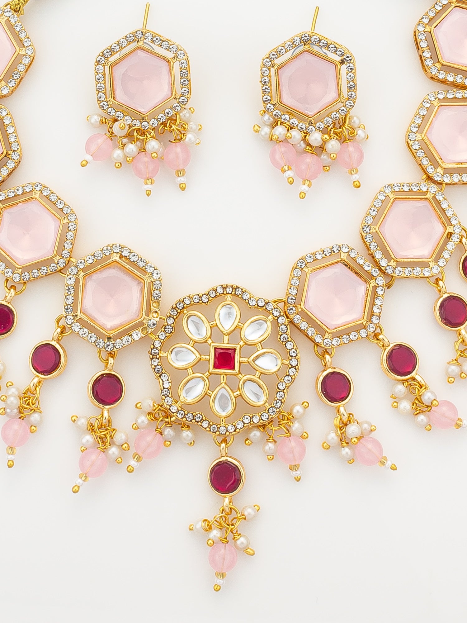 Aadita Gold Plated Necklace Set with Pink Stones end Earrings