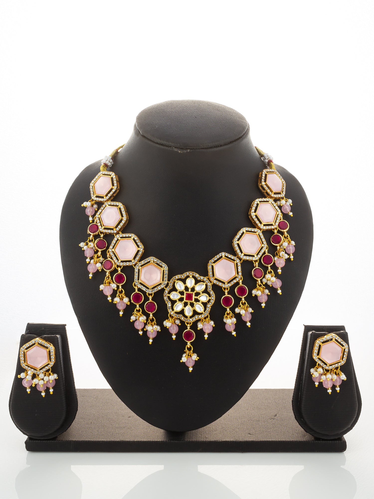 Aadita Gold Plated Necklace Set with Pink Stones end Earrings