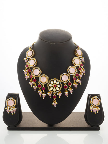 Aadita Gold Plated Necklace Set with Pink Stones end Earrings
