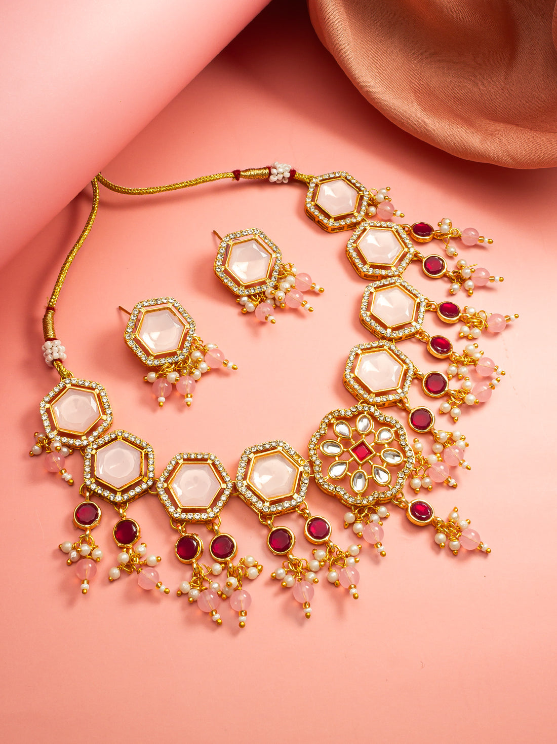 Gold Plated Necklace Set with Pink Stones and Earrings