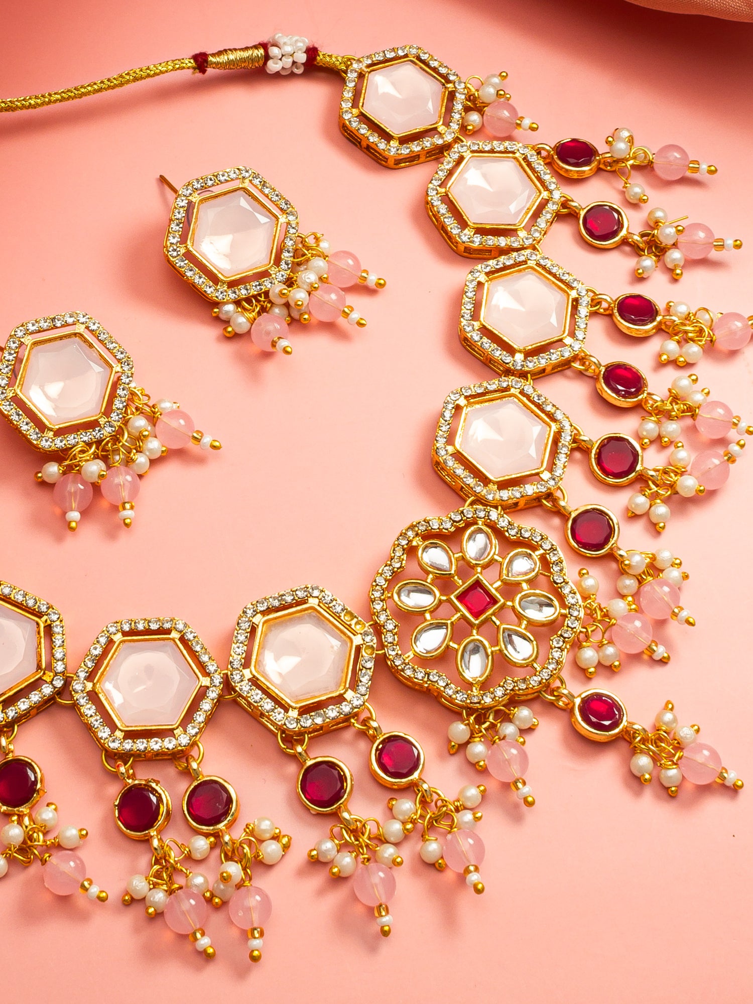 Aadita Gold Plated Necklace Set with Pink Stones end Earrings