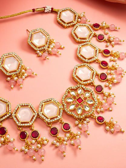 Aadita Gold Plated Necklace Set with Pink Stones end Earrings