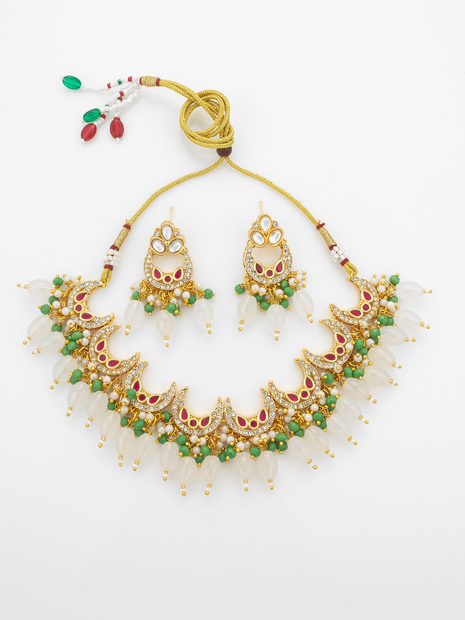 Aadita Gold Plated Kundan Necklace Set with Green Beads and White Drop with Chandbali Earrings