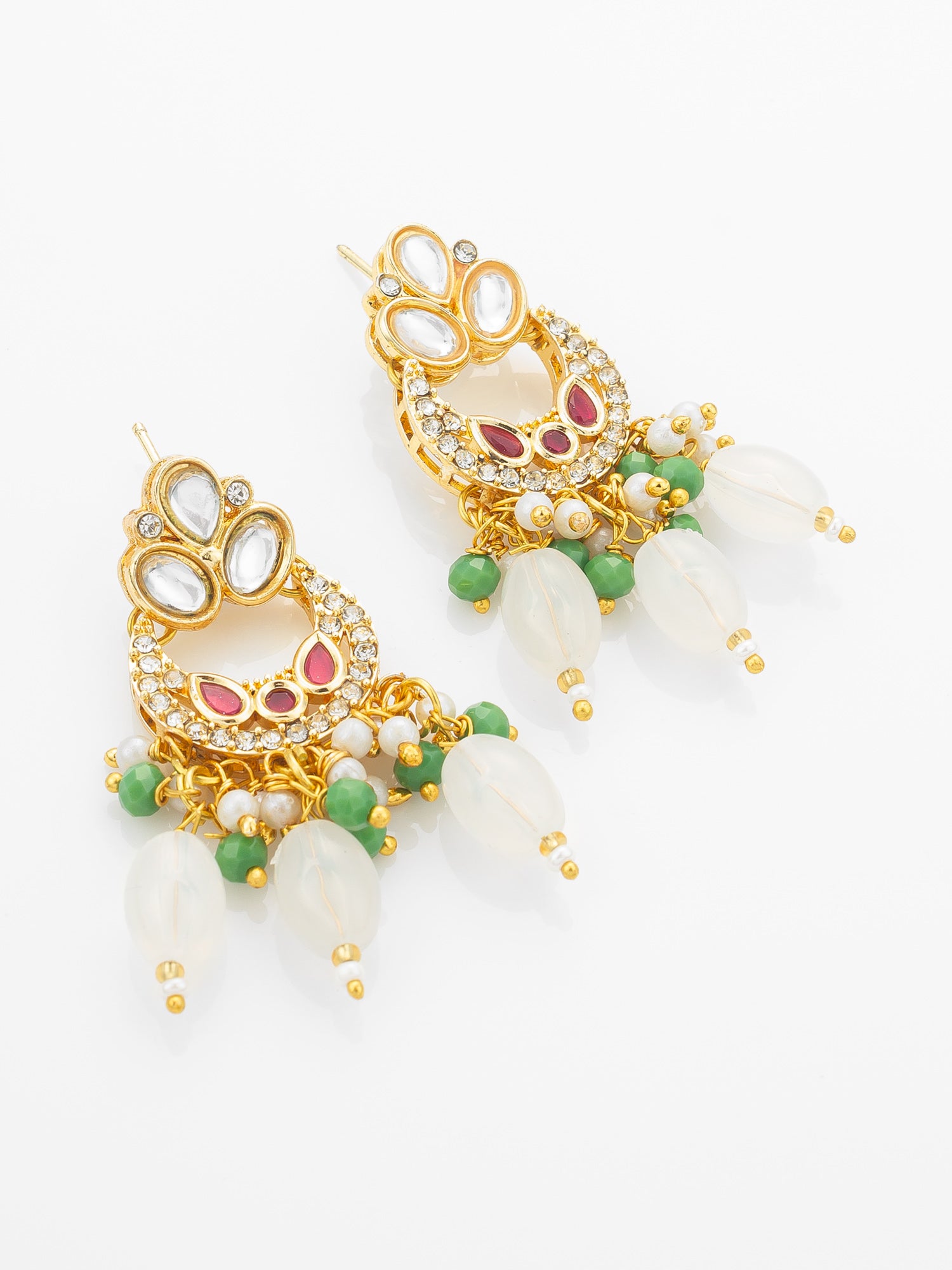 Aadita Gold Plated Kundan Necklace Set with Green Beads and White Drop with Chandbali Earrings