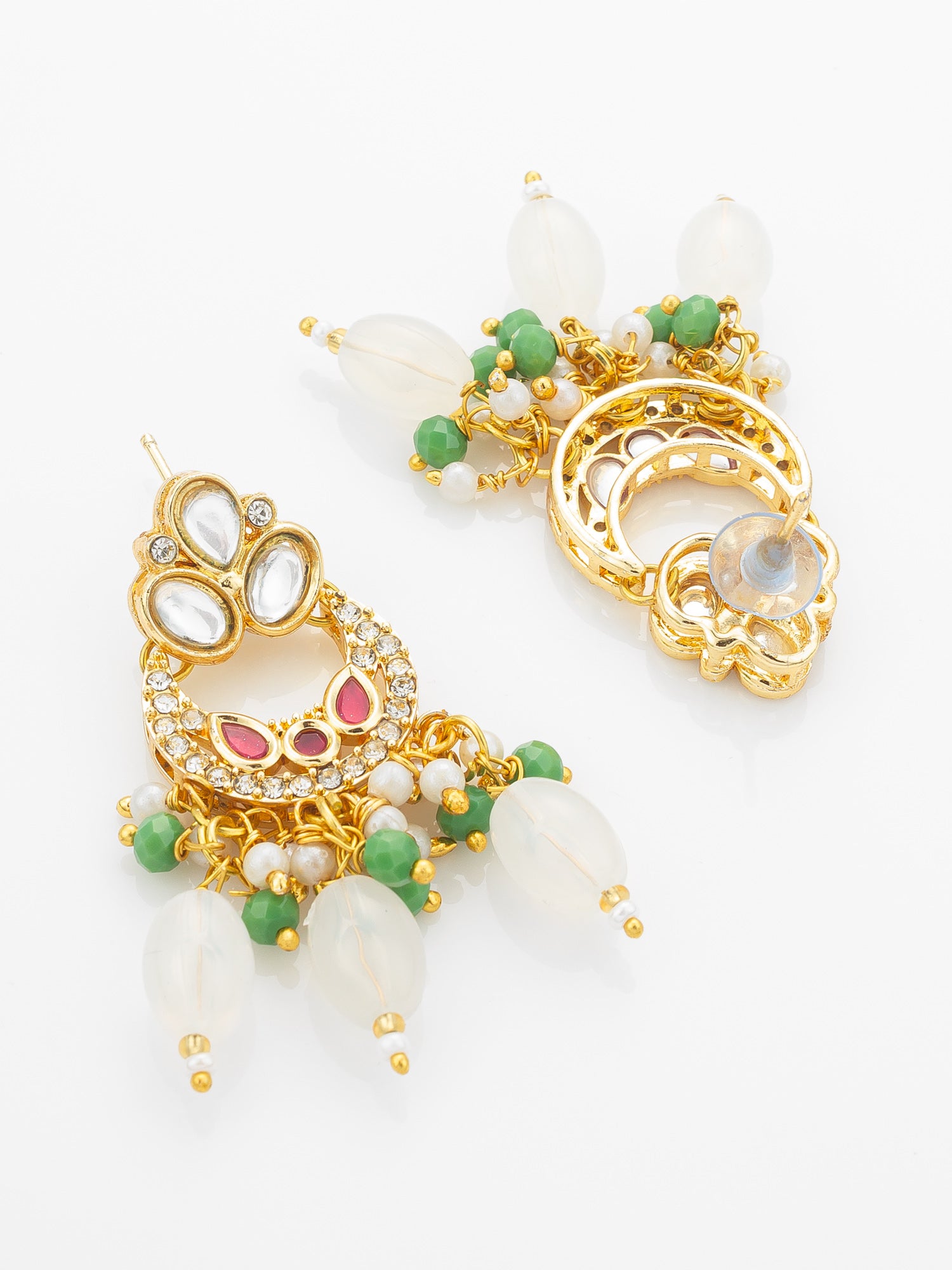 Aadita Gold Plated Kundan Necklace Set with Green Beads and White Drop with Chandbali Earrings