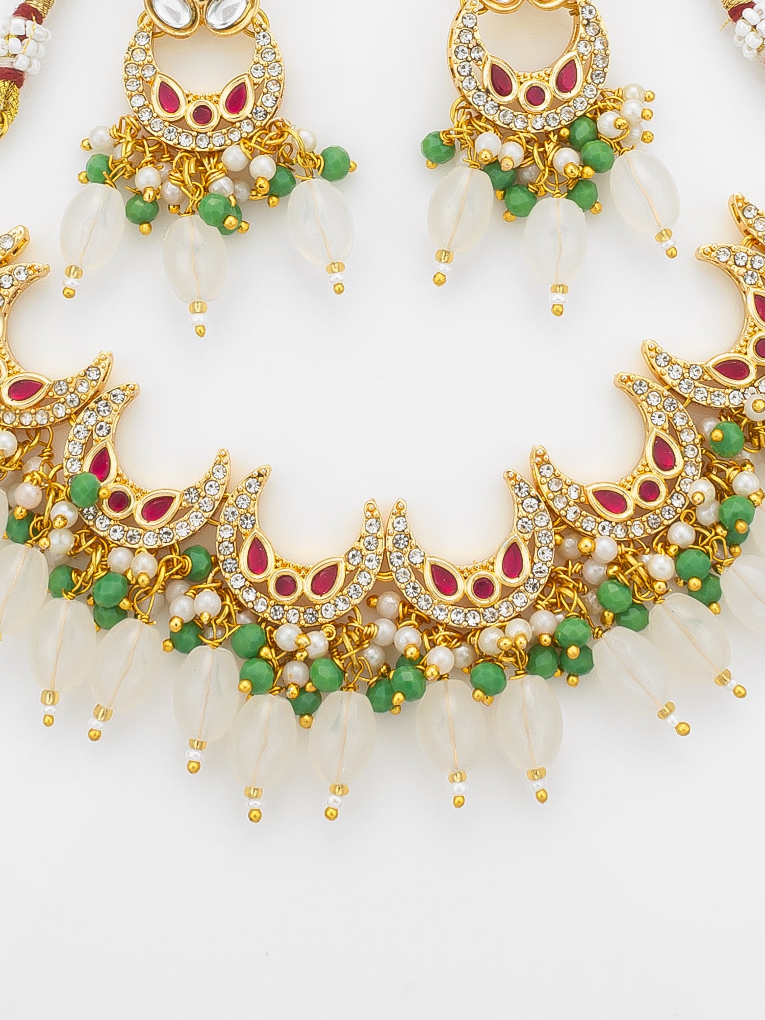 Aadita Gold Plated Kundan Necklace Set with Green Beads and White Drop with Chandbali Earrings