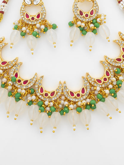 Aadita Gold Plated Kundan Necklace Set with Green Beads and White Drop with Chandbali Earrings