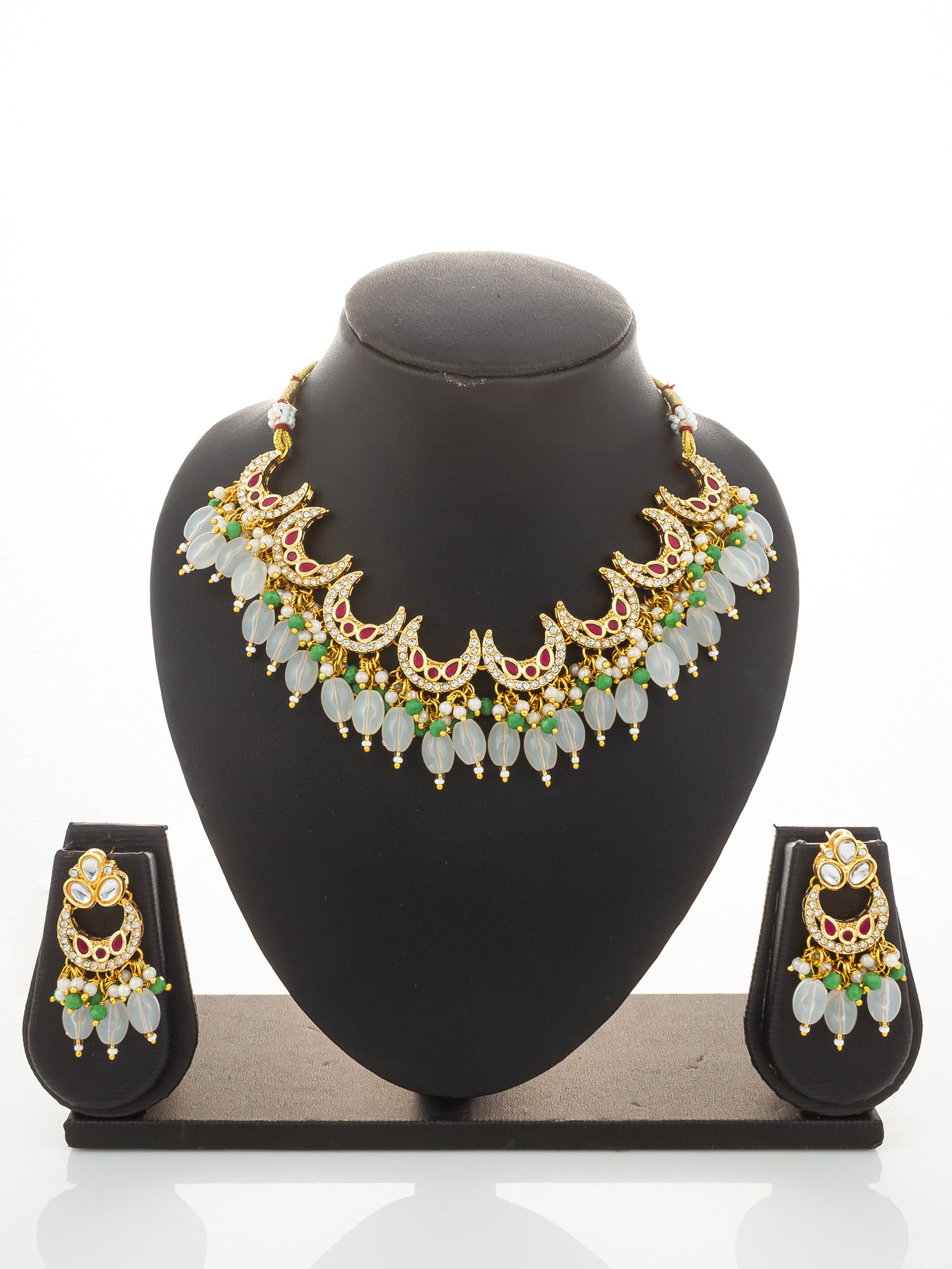 Aadita Gold Plated Kundan Necklace Set with Green Beads and White Drop with Chandbali Earrings