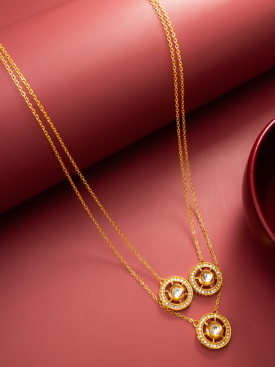 Gold-Plated Triple Kundan Layered Necklace with Crystal Embellishments