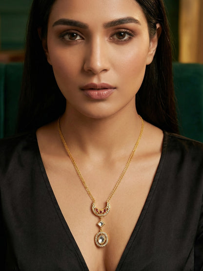Aadita Gold-Plated Crescent Kundan Pendant Necklace with Ruby and Crystal Accents