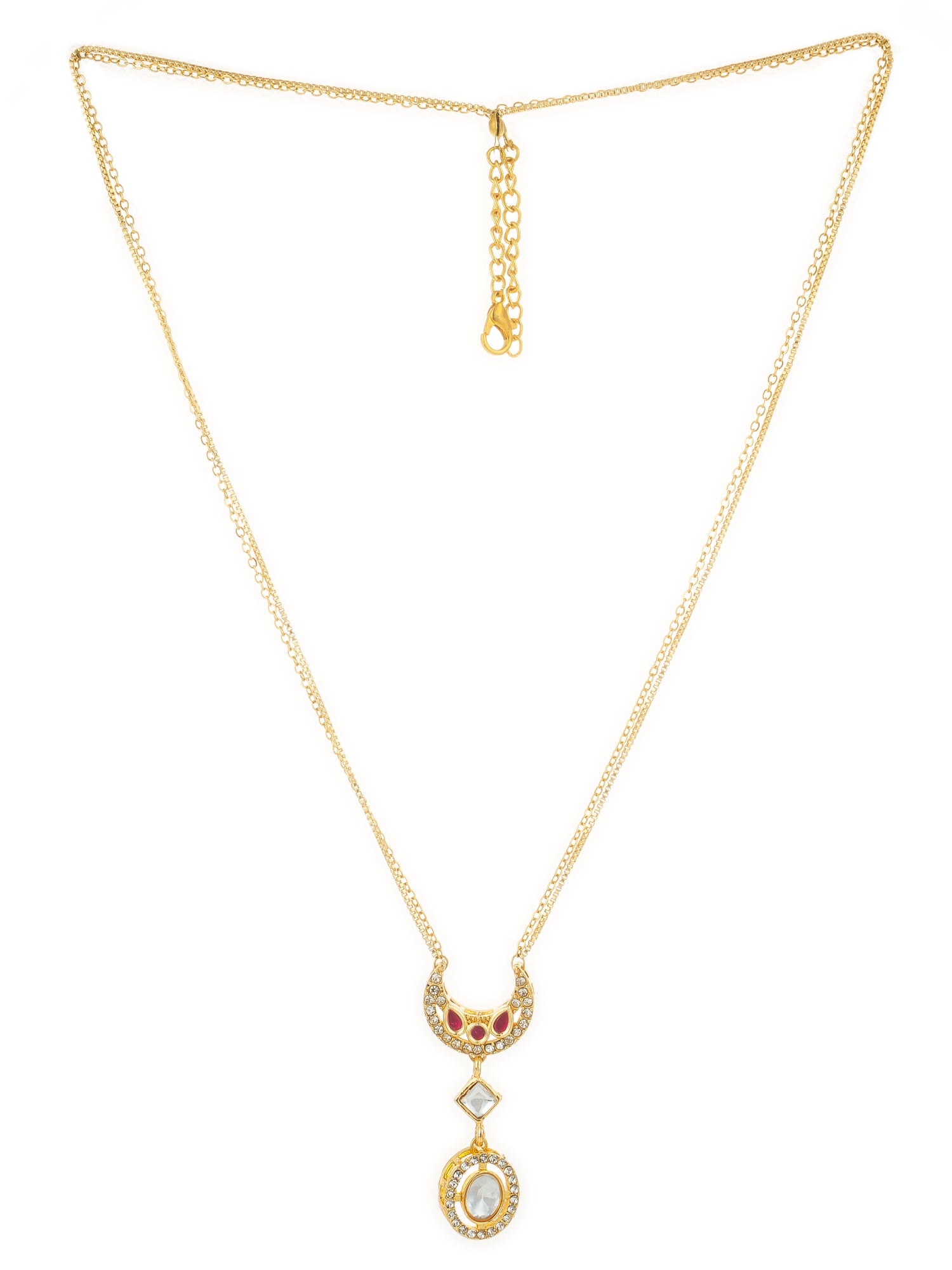 Aadita Gold-Plated Crescent Kundan Pendant Necklace with Ruby and Crystal Accents