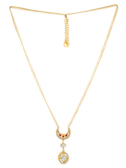 Aadita Gold-Plated Crescent Kundan Pendant Necklace with Ruby and Crystal Accents